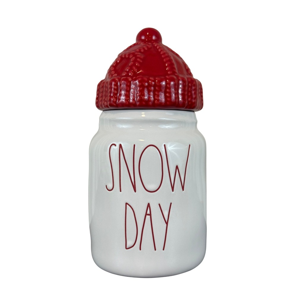 Rae Dunn "SNOW DAY" 8" Tall Canister Large Letters Red Hat Lid EUC! Magenta